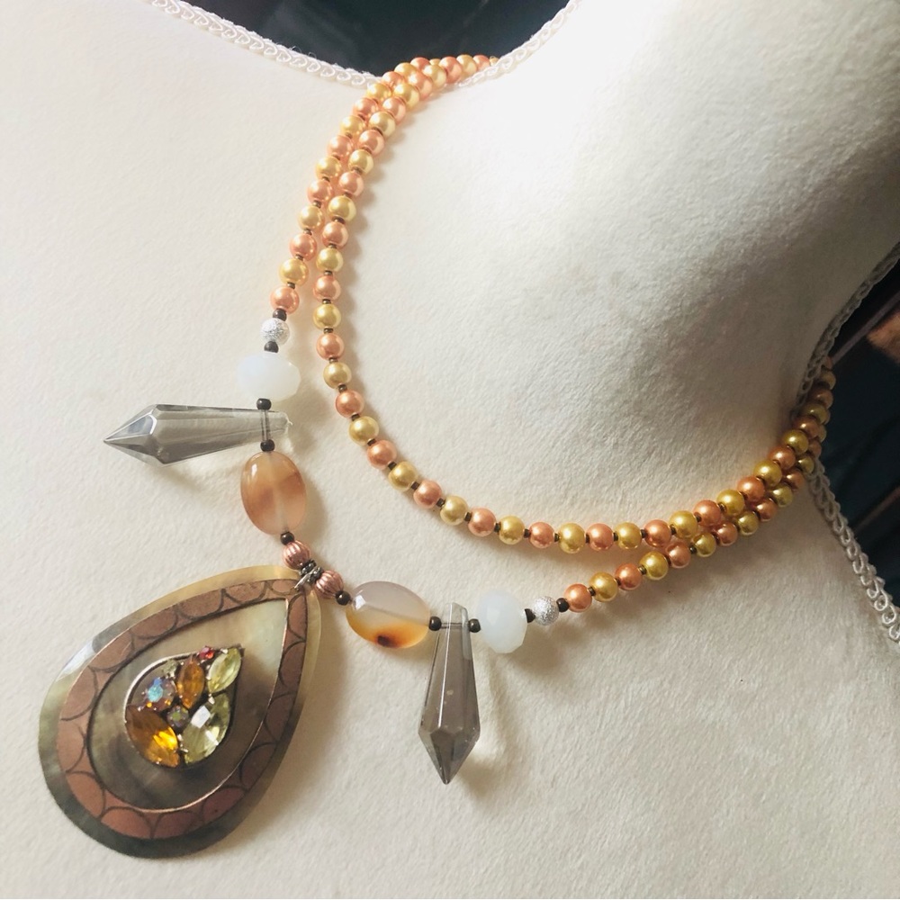 Handcrafted repurpose large teardrop stone pendant Czech glass Pearl necklace